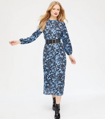 Blue Floral Belted Midi Dress | New Look